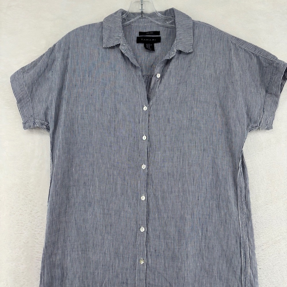 Tahari Women XS Blue White Striped 100% Linen Button Front Shirt Dress Resort Wr